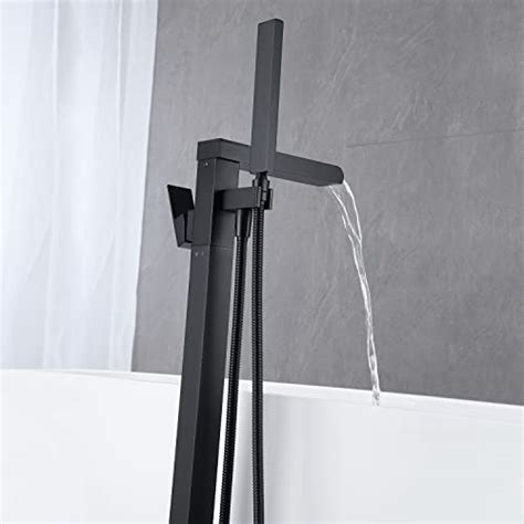 Wowkk Waterfall Tub Filler Freestanding Bathtub Faucet Black Floor