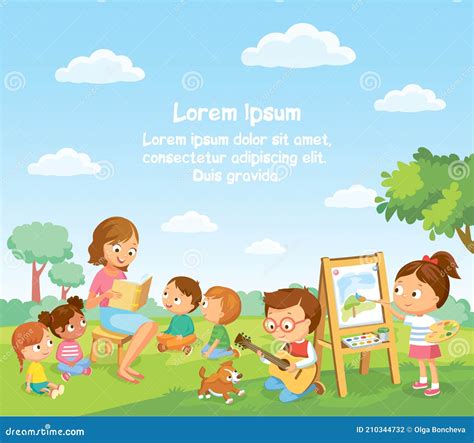 Group Children Playing Spending Time In Games Having Fun Stock Vector