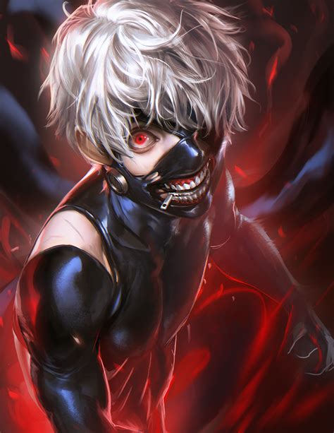 White Hair Looking At Viewer Red Eyes Ghoul Fantasy Men Sakimichan