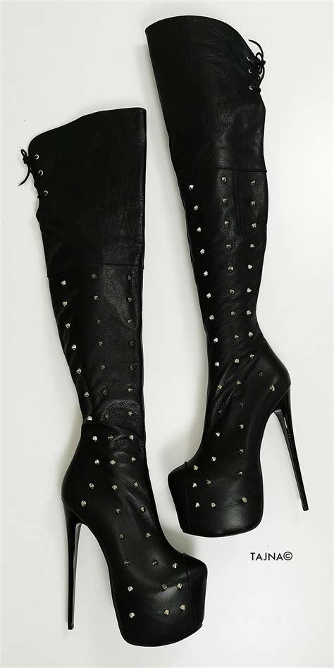 Studded Genuine Leather Black Knee High Boots Tajna Club