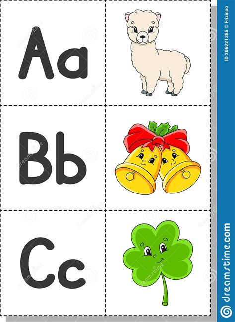 English Alphabet With Cartoon Characters Flash Cards Vector Set