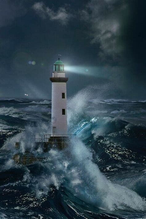 Lighthouses Stormy Night At Sea Moonlight Poster Print 47x32in