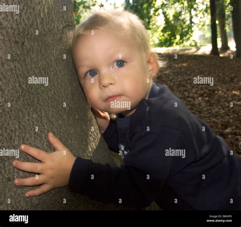 A Boy Holding On To A Tree Trunk Stock Photo Alamy