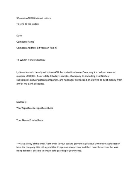 Sample ACH Withdrawal Letters in Word and Pdf formats