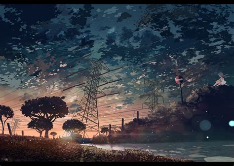 1517x1080 Anime Clouds Trees Lake Sunset Wallpaper Coolwallpapersme