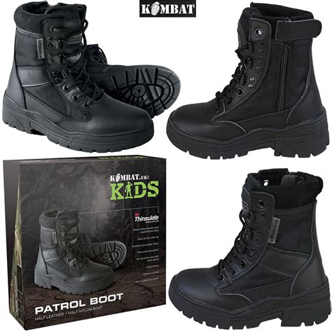 Kids Childrens Combat Patrol Black Leather Hiking Cadet Boots Army