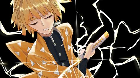 Demon Slayer Zenitsu Agatsuma Having Sword With Black Background 4K HD