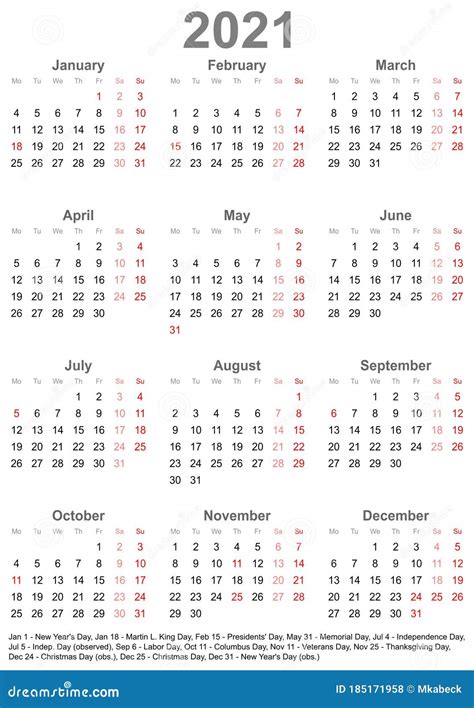 Simple Calendar 2021 With Public Holidays For Usa Stock Vector