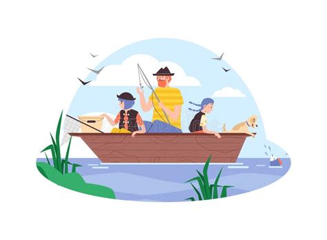 Father And Children Engaged In Fishing Flat Vector Illustration