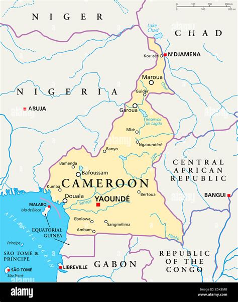 Camerún Mapa Político Con Capital Yaundé Las Fronteras Nacionales La