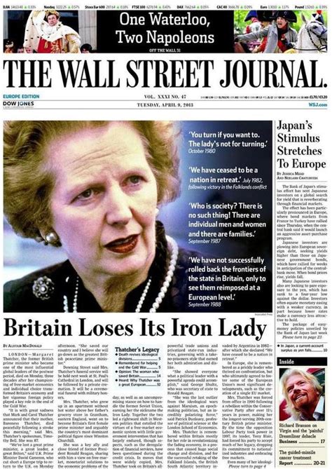 The Wall Street Journal Newspaper Front Pages Margaret Thatcher