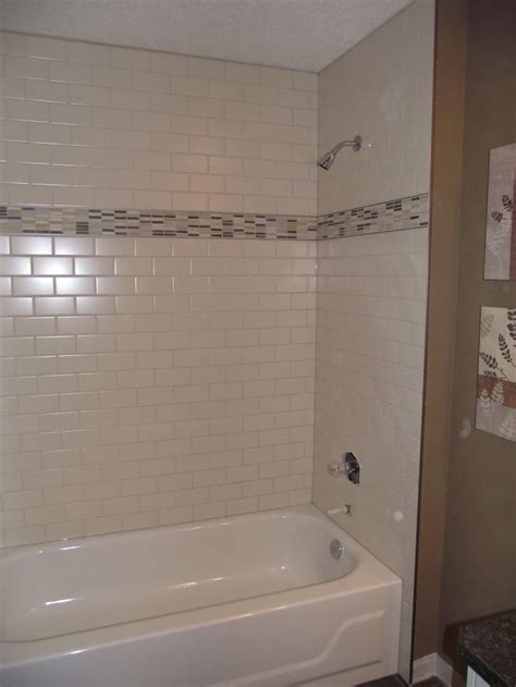 Main Bathroom White Subway Tile Tub Surround Offset Pattern With Nickel Trim Handmade