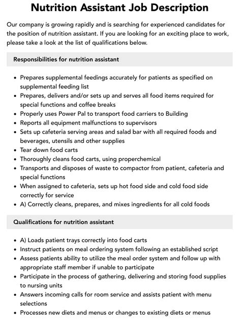 nutrition assistant job description velvet jobs