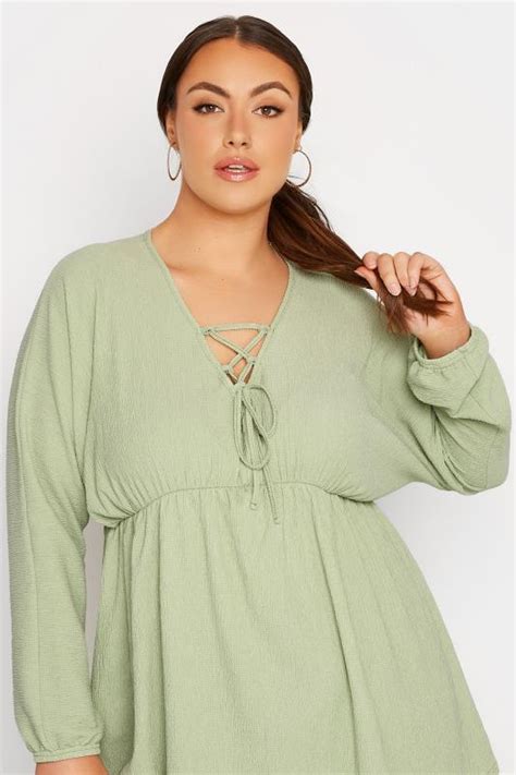 Limited Collection Plus Size Sage Green Crinkle Lace Up Peplum Blouse