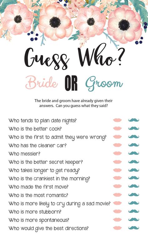 Wedding shower shoe game questions. Guess Who Bridal Shower Game . Floral Wedding Shower Games ...