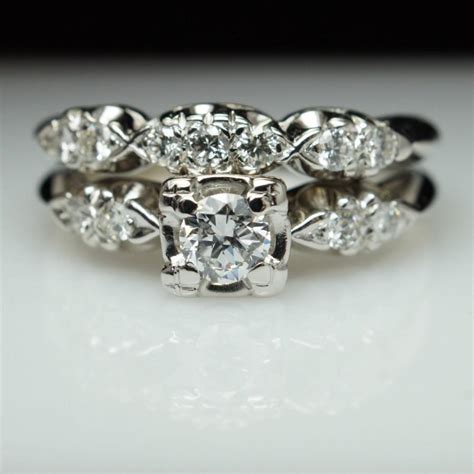 Vintage Art Deco Diamond Bridal Set Engagement Ring Matching Wedding