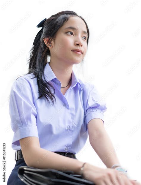 Cute Asian Thai High Schoolgirl Student In School Uniform Sitting And
