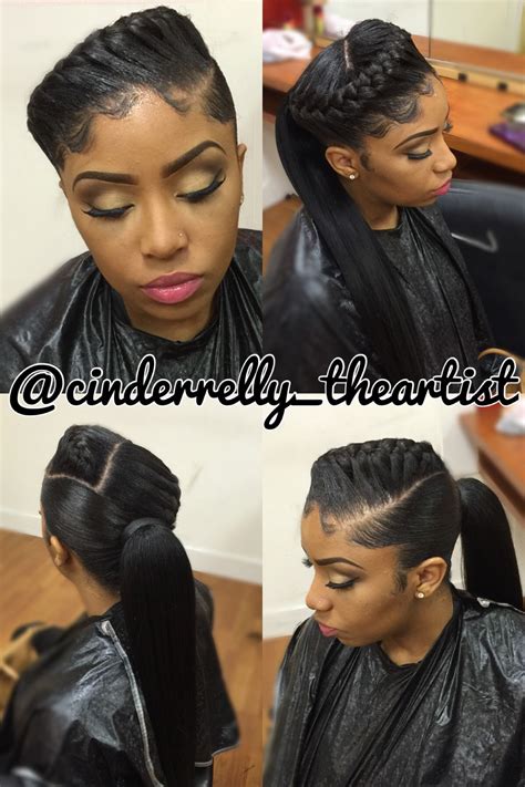 Tease the front of the hair, pull it into a pony sitting high on the crown of the. Underbraid and ponytail | Black ponytail hairstyles, Weave ...