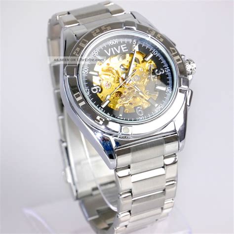 Elegante Herren Vive Automatik Armband Uhr Goldene Uhrwerk Silber Uvp