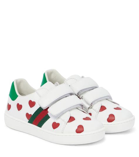 Gucci Kids Ace Heart Embellished Leather Sneakers In White Modesens