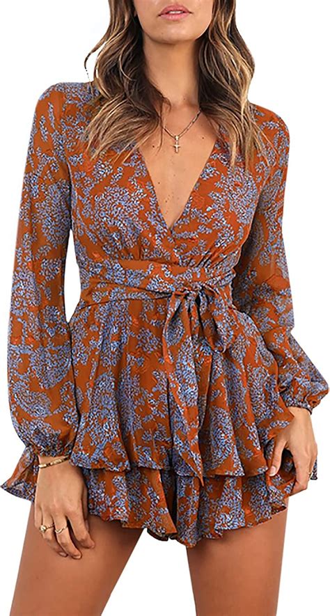 Aimcoo Womens Floral Print Deep V Neck Romper Double Layer Ruffle Hem Jumpsuits Long Baggy