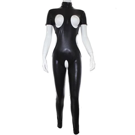 Sexy Wet Look Faux Leather Open Breast Crotchless Jumpsuit Cupless Women Bodysuit Catsuit