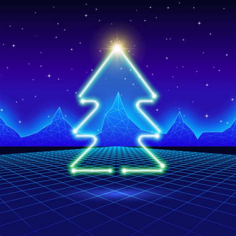 Merry Christmas Neon Retro Pine Tree Greeting Card Illustrations Royalty Free Vector Graphics