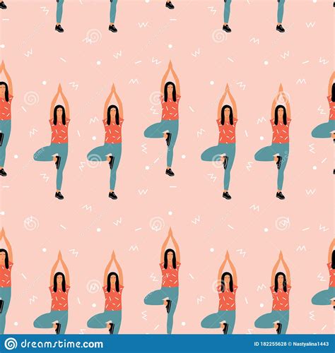 Seamless Pattern With Woman Doing Yoga At Home Illustration With Pose