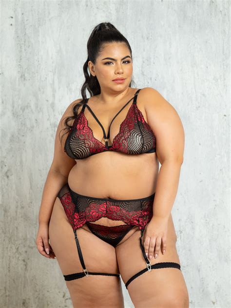Amaka Plus Size Fiery Red Black Lace Strappy Lingerie Set Lace