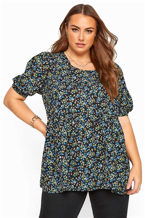 Black Bright Floral Smock Top Yours Clothing