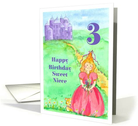 Example of 3rd birthday messages, wishes, sayings to write in greeting cards: Happy 3rd Birthday Sweet Niece Princess Castle Illustration card