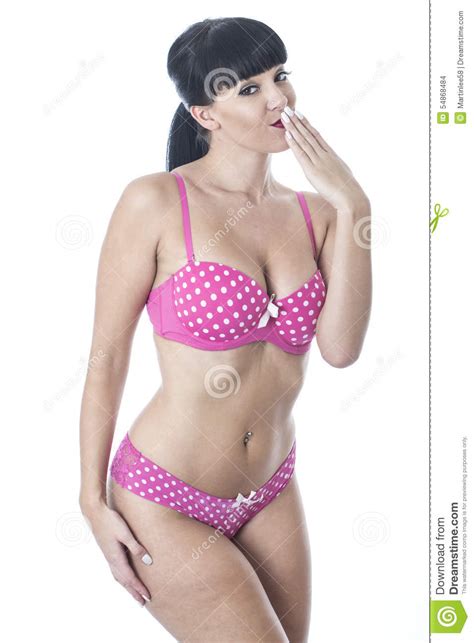 Gorgeous Cute Glamorous Pin Up Model Posing In Pink Polka Dot Lingerie