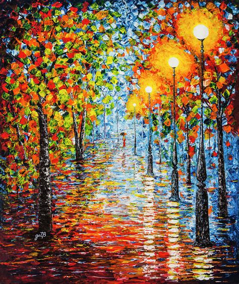 Rainy Autumn Evening In The Park Acrylic Palette Knife Painting