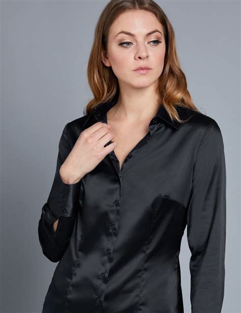 Satin Womens Fitted Shirt With Single Cuff In Black Satin Bluse Frau Satinbluse
