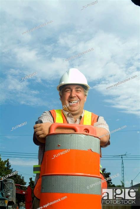 Portrait Of A Construction Worker Laughing Montreal Quebec Stock
