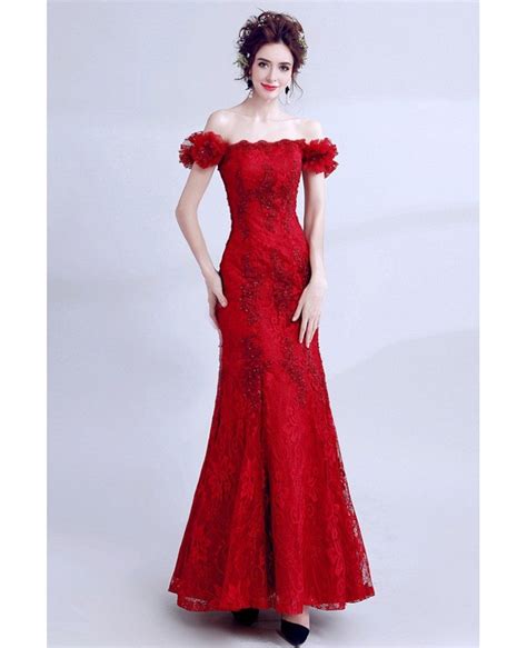 Pretty Long Red Lace Mermaid Prom Dress Tight With Off Shoulder