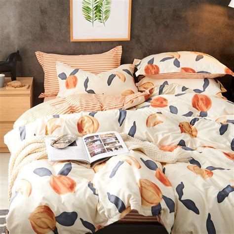 Denisroom Cute Peach Comforter Bedding Set White Bed Linens Duvet Cover