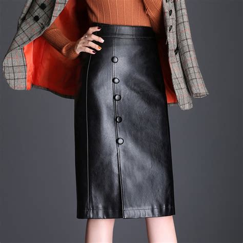 2017 Black High Waist Faux Leather Skirt Button Slim Fashion Skirt Ladies Women Package Hip