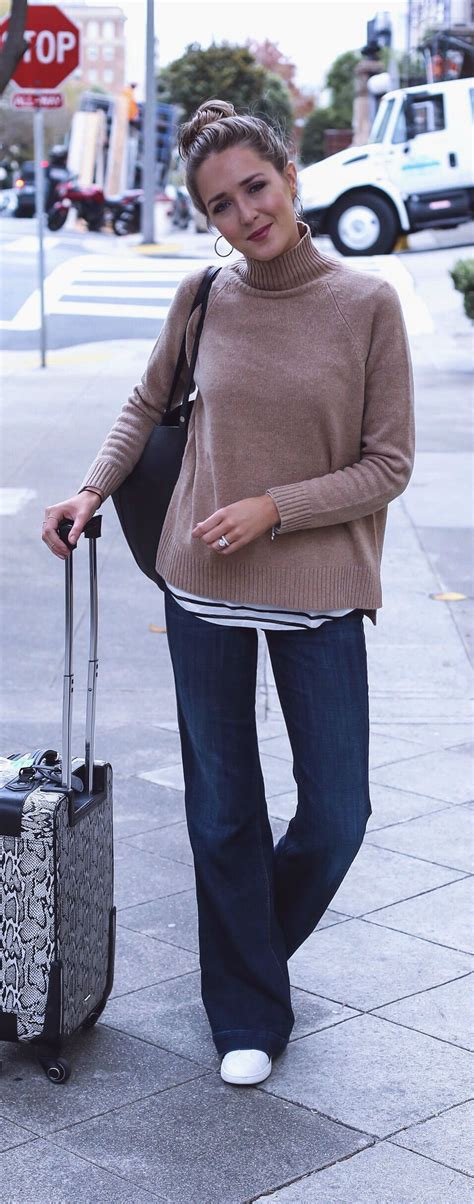 Travelstyle Camel Turtleneck Chunky Tunic Sweater Layered Over Black And White Striped Long T