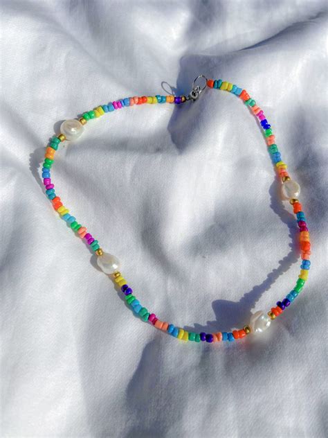 Multicolored Beaded Necklace With Genuine Freshwater Etsy Beaded