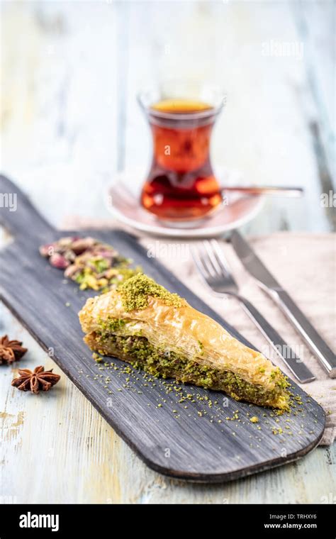 Baklava With Pistachio Turkish Traditional Dessert And Turkish Tea