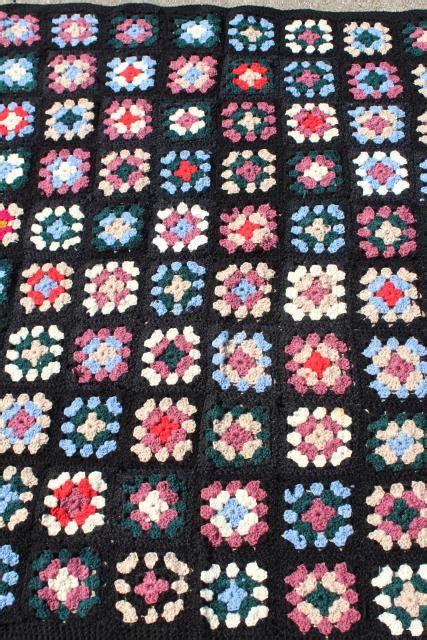 Handmade Vintage Granny Square Crochet Afghan Black W Retro 80s Colors