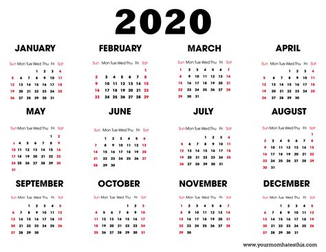 What are the 2021 federal holidays? Yearly 2020 Printable Calendar Templates - PDF, Word ...