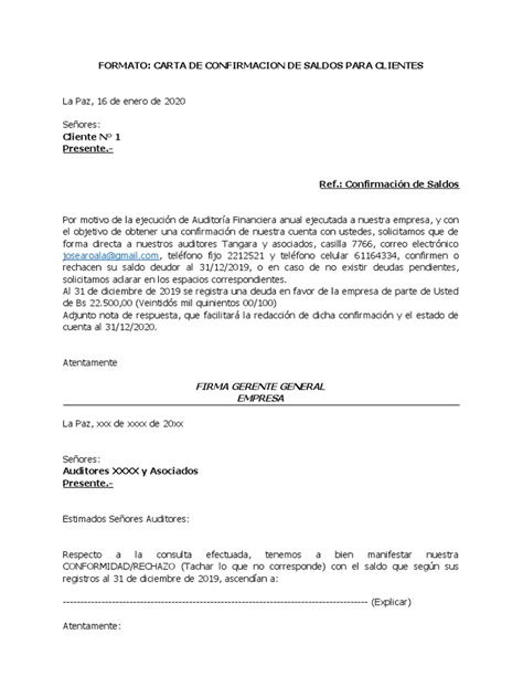 Formato Carta Confirmacion De Saldos Pdf