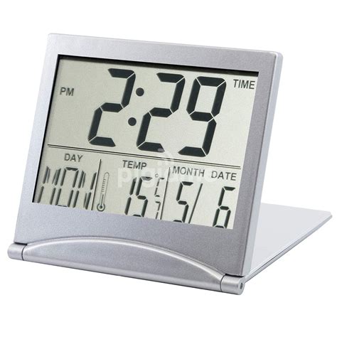 Led digital alarm clock with font display mirror surface snooze function dual usb charging ports alarm clock for bedroom office. Mini Folding LCD Digital Alarm Clock Desk Table Weather ...