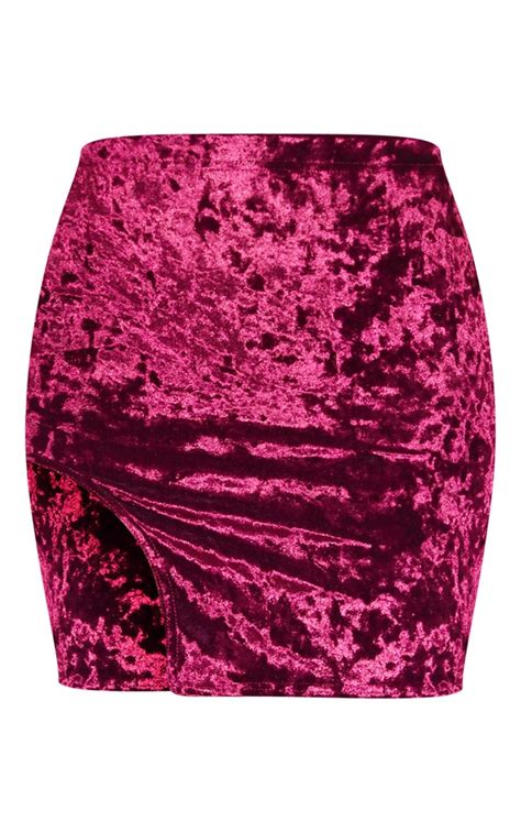 Burgundy Crushed Velvet Slit Front Mini Skirt Prettylittlething