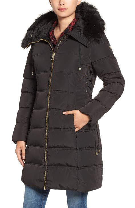 Guess Faux Fur Trim Hooded Lace Up Detail Quilted Coat Nordstrom