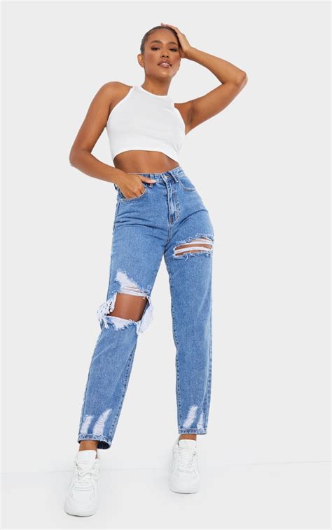 Plt Mid Blue Wash Open Knee Ripped Mom Prettylittlething
