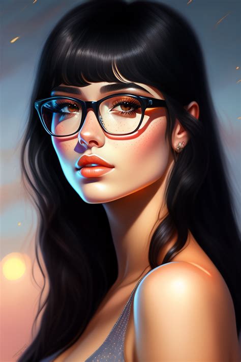 lexica e girl fully body black hair bangs hairstyle glasses small freckles high detail