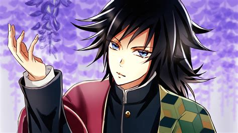Demon Slayer Giyuu Tomioka With Black Hair And Blue Eyes With Background Of Purple Flowers 4k 5k